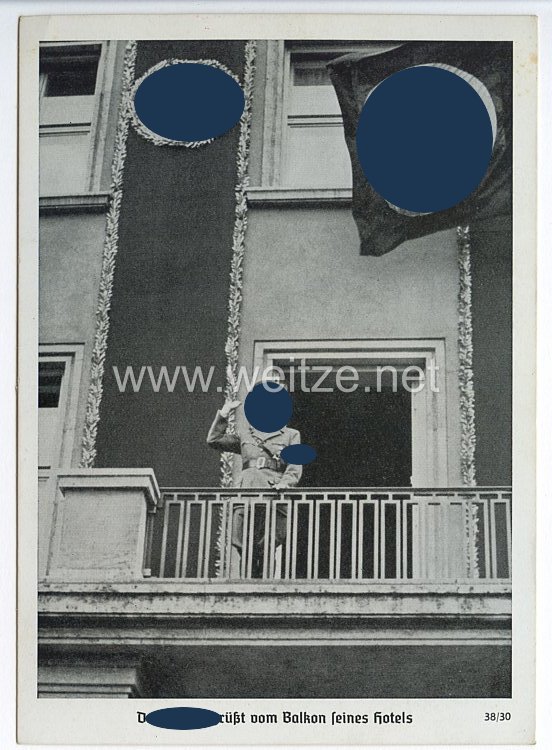 III. Reich - Propaganda-Postkarte - " Reichsparteitag Nürnberg 1938 - Der Führer grüßt vom Balkon seines Hotels "