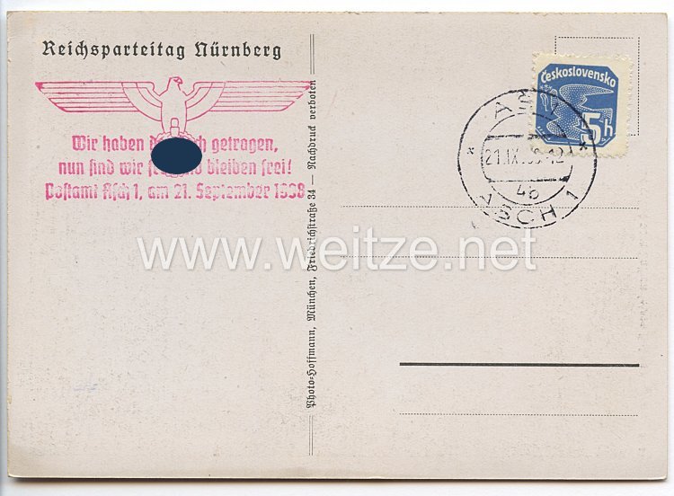 III. Reich - Propaganda-Postkarte - " Reichsparteitag Nürnberg 1938 - Der Führer grüßt vom Balkon seines Hotels " Bild 2