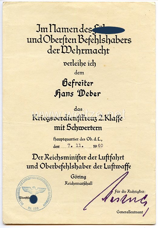 Luftwaffe - Urkundengruppe für einen späteren planmäßigen Feldwebel der Luftverkehrsstaffel Staaken Bild 2