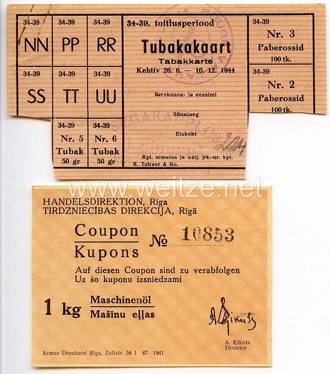 III. Reich / Lettland - Tabakkarte und Coupon für 1 Kg Maschinenöl
