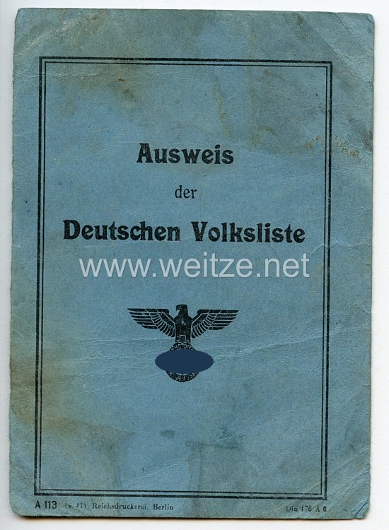 III. Reich - Ausweis der Deutschen Volksliste für eine Frau des Jahrgangs 1893 aus Spandau