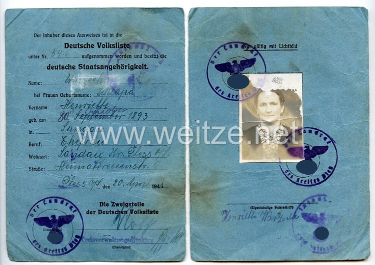 III. Reich - Ausweis der Deutschen Volksliste für eine Frau des Jahrgangs 1893 aus Spandau Bild 2