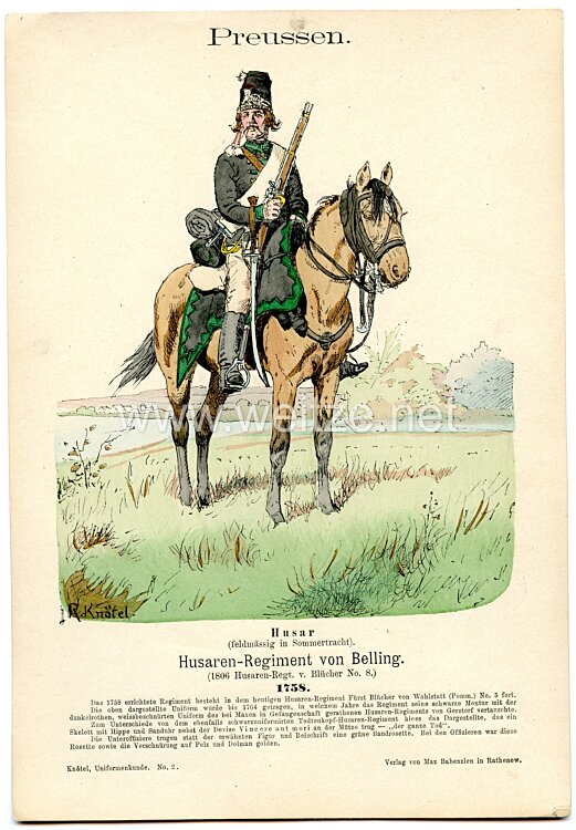 Knötel Uniformtafel "Husaren-Regiment von Belling" 1758,