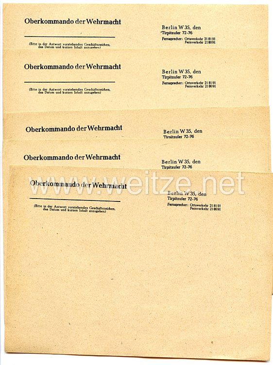 Oberkommando der Wehrmacht Berlin W35 - 5 x Briefbogen