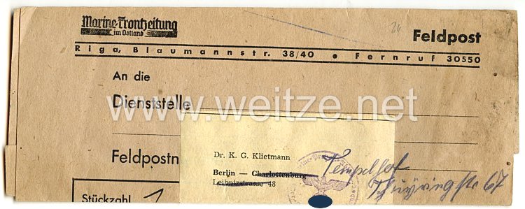 III. Reich - Versanddokument an Herrn Dr.K.G.Klietmann in Berlin