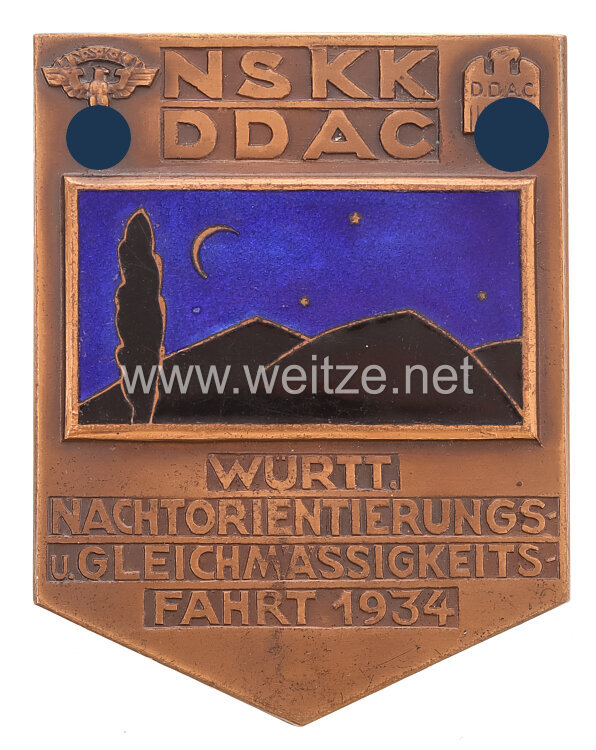 NSKK / DDAC - nichttragbare Teilnehmerplakette - " Württ. Nachtorientierungs- u. Gleichmässigkeitsfahrt 1934 " 