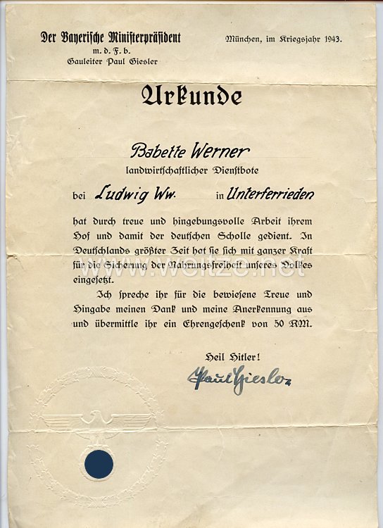 III. Reich - Originalunterschrift von dem Gauleiter von München-Oberbayern Paul Giesler auf einer Urkunde