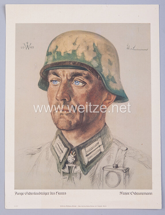 Willrich farbiges Plakat aus der Serie - " Junge Eichenlaubträger des Heeres " - Major Walter Scheunemann - Ritterkreuzträger