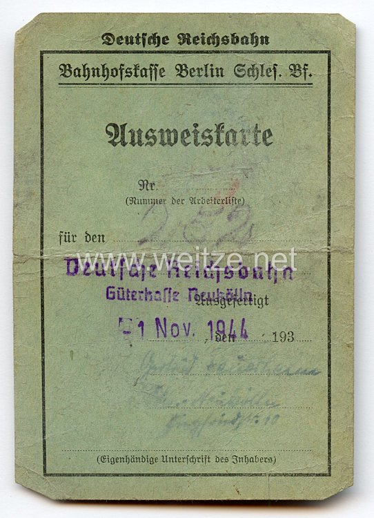 III. Reich - Deutsche Reichsbahn - Ausweiskarte für eine Frau
