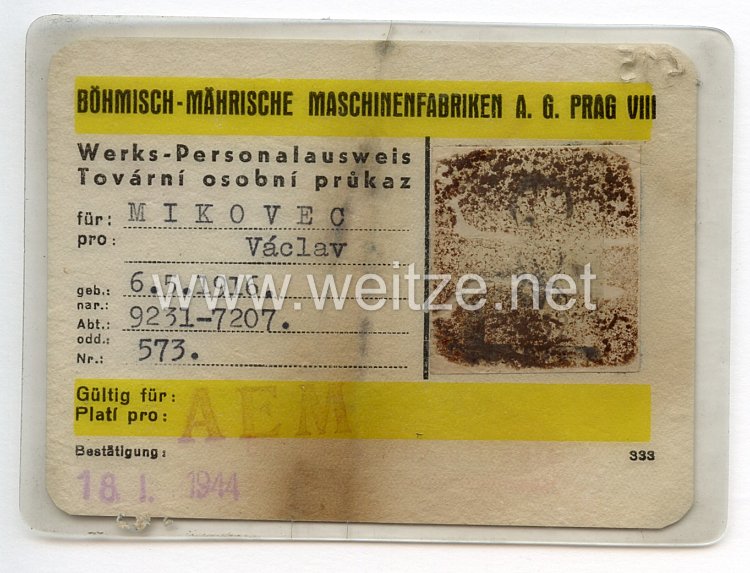 III. Reich - Böhmisch-Mährische Maschinenfabriken A.G. Prag VIII - Werks-Personalausweis