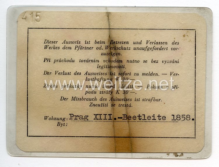 III. Reich - Böhmisch-Mährische Maschinenfabriken A.G. Prag VIII - Werks-Personalausweis Bild 2