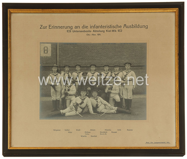 Kaiserliche Marine Gerahmte Fotografie "Zur Erinnerung an die infanteristische Ausbildung - Unterseeboots-Abteilung Kiel-Wik"