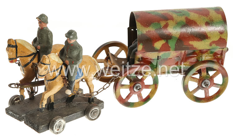 Blechspielzeug - Heer Bagagewagen mit Kutschbock und 2 Pferden