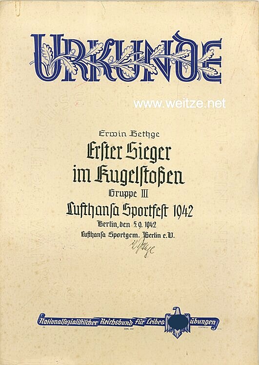 III. Reich - Lufthansa Sportgemeinschaft Berlin e.V. - Urkunde zum Lufthansa Sportfest 1942