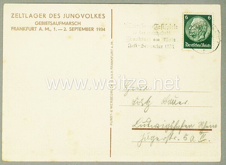 DJ - farbige Propaganda-Postkarte - " Zeltlager des Jungvolkes - Gebietsaufmarsch Frankfurt a.M. 1.-2. September 1934 " Bild 2