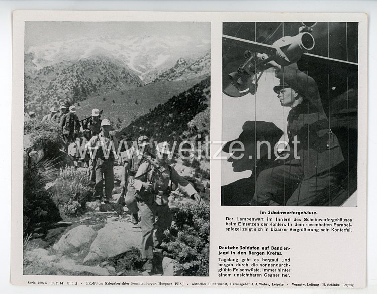 III. Reich - gedrucktes Pressefoto " Im Scheinwerfergehäuse. Deutsche Soldaten auf Bandenjagd in den Bergen Kretas " 18.7.1944