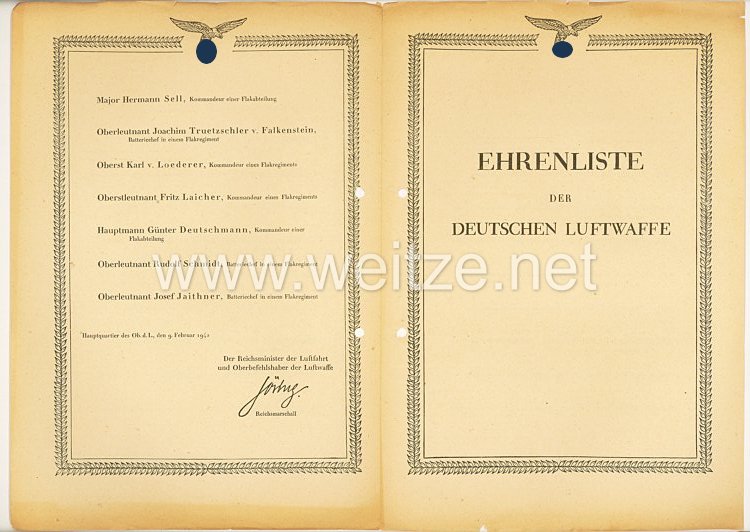 Ehrenliste der Deutschen Luftwaffe - Ausgabe vom 9. Februar 1942