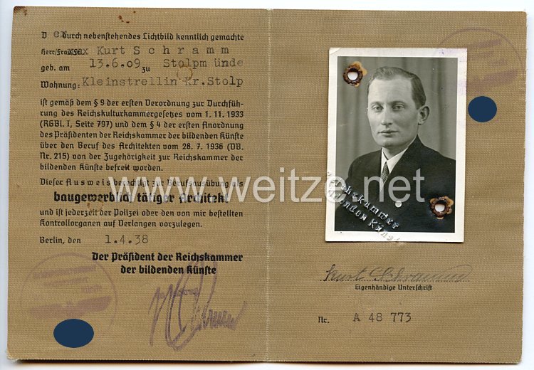 Reichskulturkammer - Reichskammer der bildenden Künste - Ausweis Bild 2