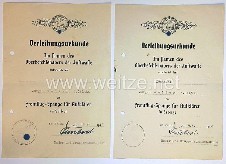 Luftwaffe - Urkundenpaar Frontflugspange für Aufklärer in Bronze/Silber