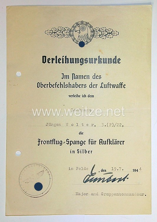 Luftwaffe - Urkundenpaar Frontflugspange für Aufklärer in Bronze/Silber Bild 2