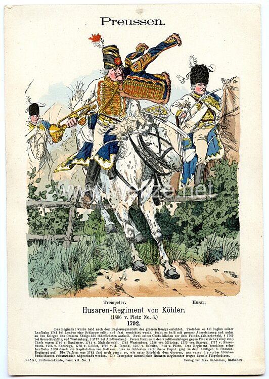 Knötel Uniformtafel "Husaren-Regiment von Köhler" 1792,
