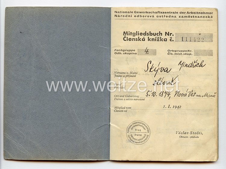 III. Reich - Protektorat Böhmen und Mähren - Nationale Gewerkschaftszentrale der Arbeitnehmer - Mitgliedsbuch Bild 2