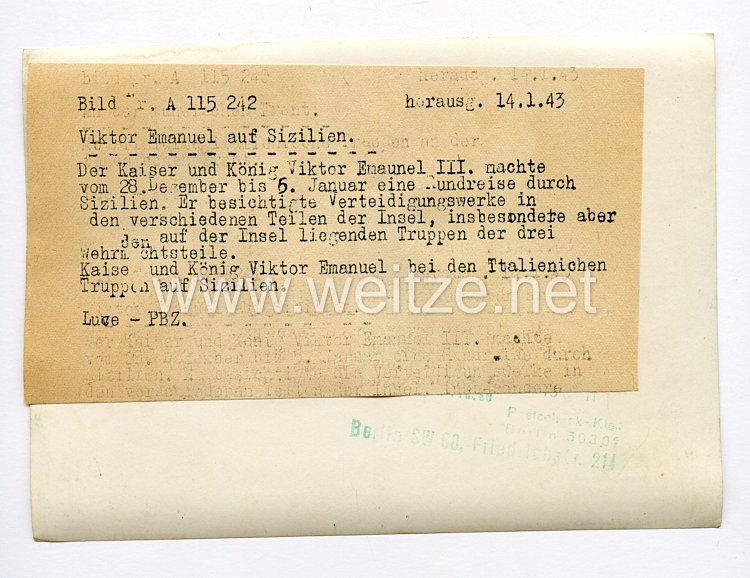 III. Reich Pressefoto. Viktor Emanuel auf Sizilien. 14.1.1943. Bild 2