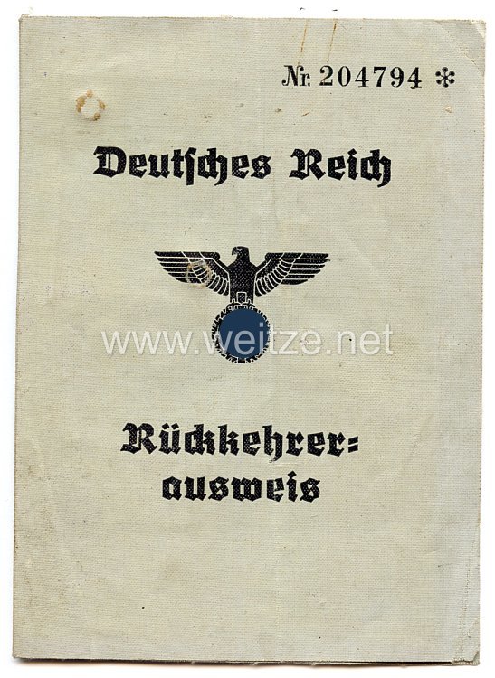 III. Reich - Rückkehrerausweis für eine Frau des Jahrgangs 1873 aus Russland