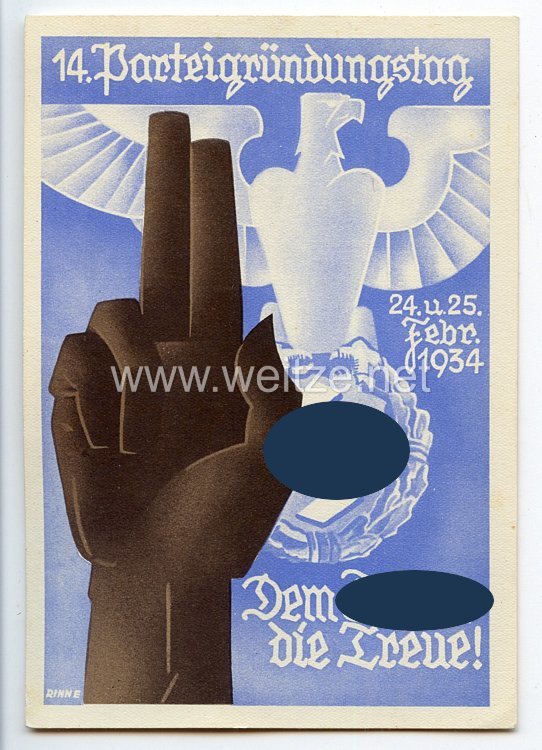 III. Reich - farbige Propaganda-Postkarte - " 14. Parteigründungstag 24.u.25.Febr.1934 - Dem Führer die Treue ! "
