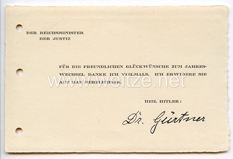 III. Reich - Der Reichsminister der Justiz Dr. Franz Gürtner - Glückwunschkarte zum neuen Jahr