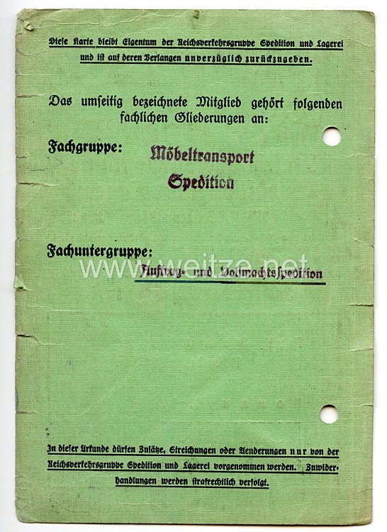 III. Reich - Reichsverkehrsgruppe Spedition und Lagerei ( RSL ) - Mitgliedskarte für das Jahr 1939 Bild 2