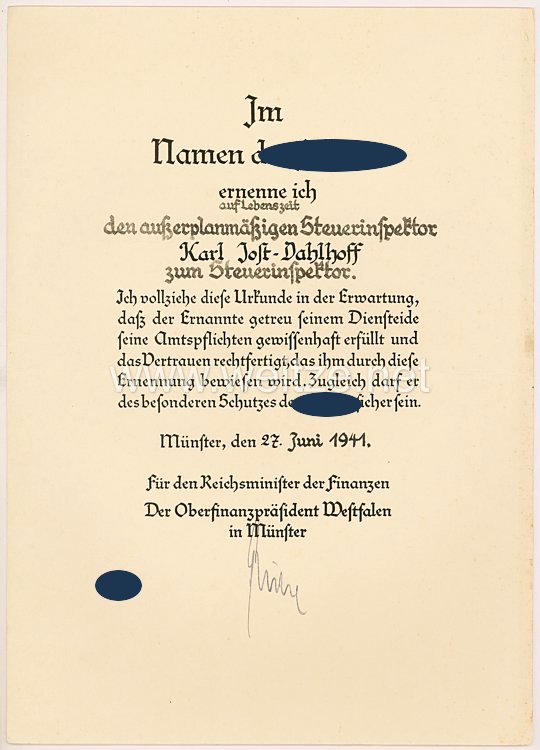 III. Reich - Ernennungsurkunde für einen außerplanmäßigen Steuerinspektor zum Steuerinspektor