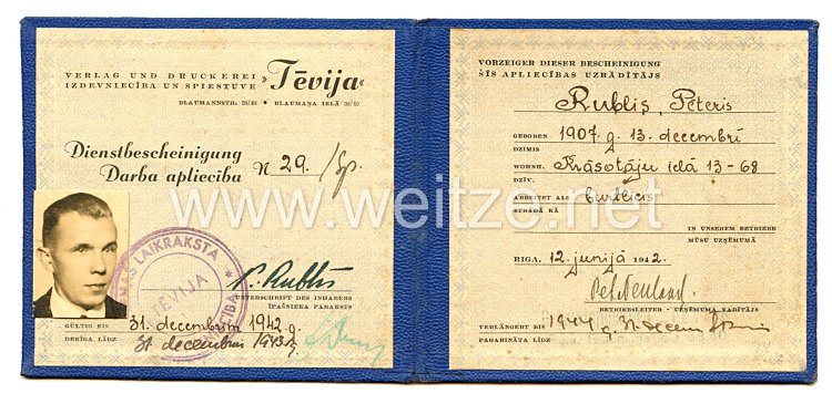 III. Reich / Lettland - Ausweis - Dienstbescheinigung für den Verlag und Druckerei " Tevija "