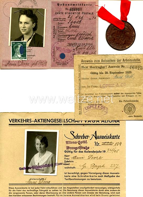 III. Reich - Deutsche Reichspost - Postausweiskarte für eine Frau in Hamburg Altona