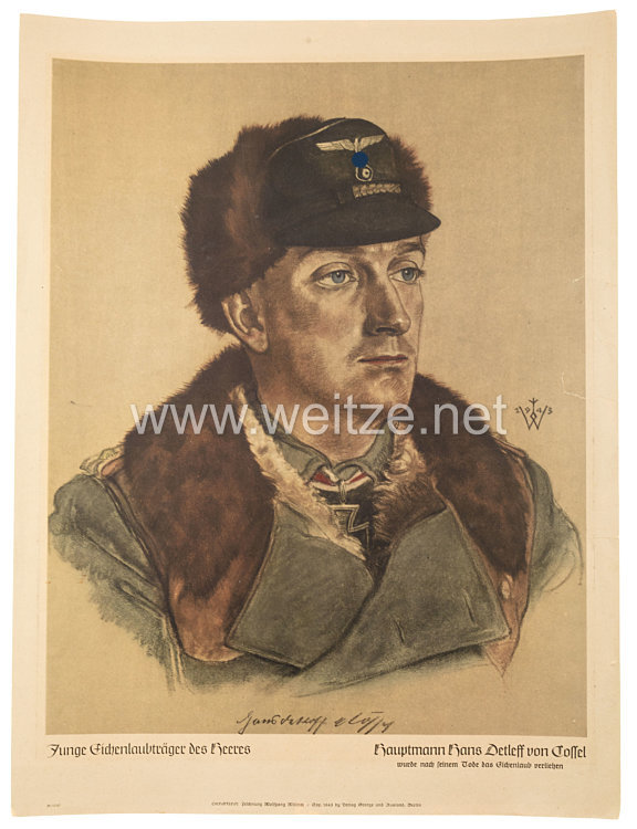 Willrich farbiges Plakat aus der Serie - " Junge Eichenlaubträger des Heeres " - Hauptmann Hans Detleff von Cossel - Ritterkreuzträger
