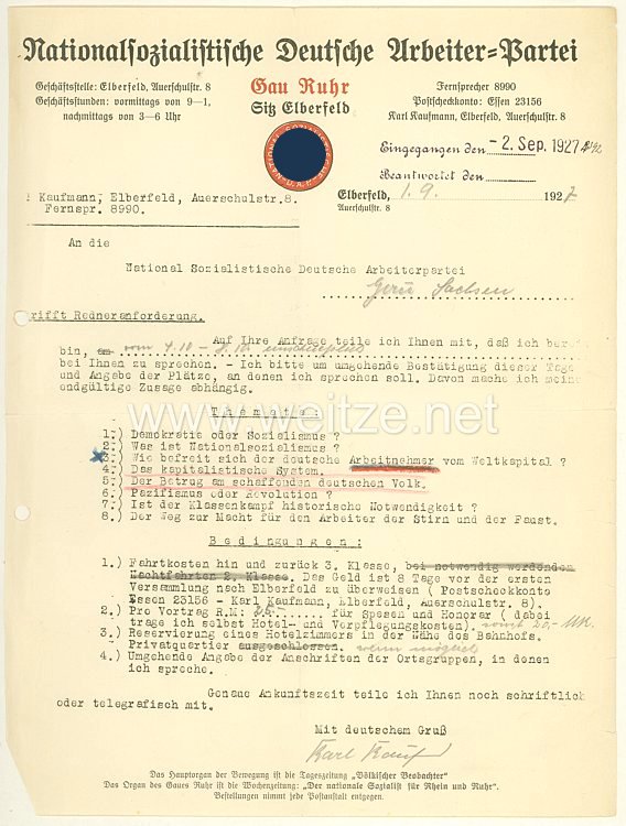 NSDAP Gau Ruhr Sitz Elberfeld - Originalunterschrift des späteren Reichsstatthalters von Hamburg Karl Kaufmann auf einem Brief von 1927