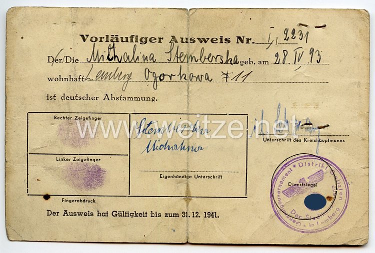 III. Reich - Generalgouvernement Distrikt Galizien - Der Stadthauptmann in Lemberg - Vorläufiger Ausweis der deutschen Abstammung