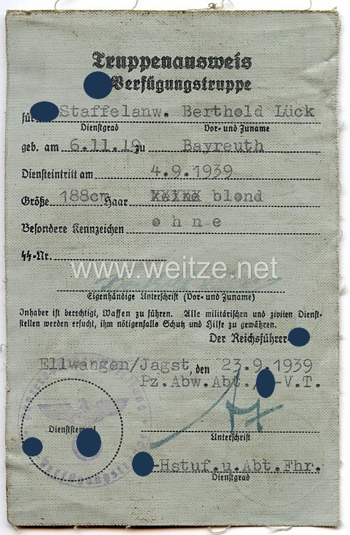 Allgemeine-SS - Truppenausweis der SS-Verfügungstruppe