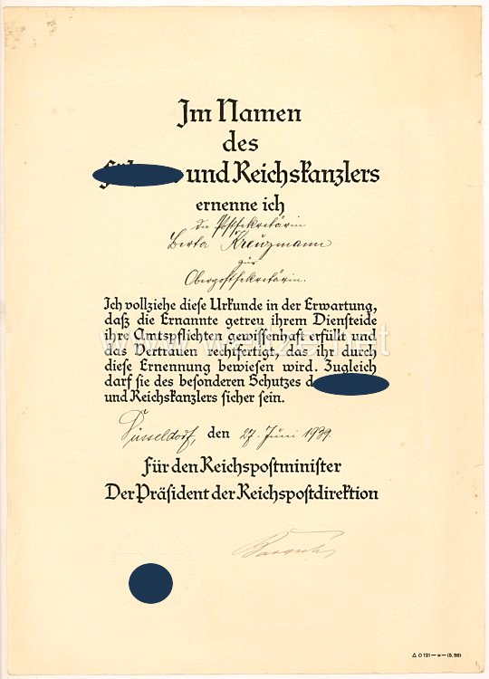 III. Reich - Ernennungsurkunde für eine Postsekretärin zur Oberpostsekretärin