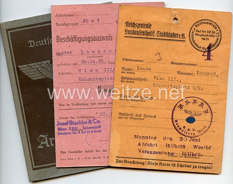 III. Reich - Reichszentrale Landaufenthalt für Stadtkinder e.V. Berlin - Datenkarte für ein Mädel des Jahrgangs 1925 aus Wien