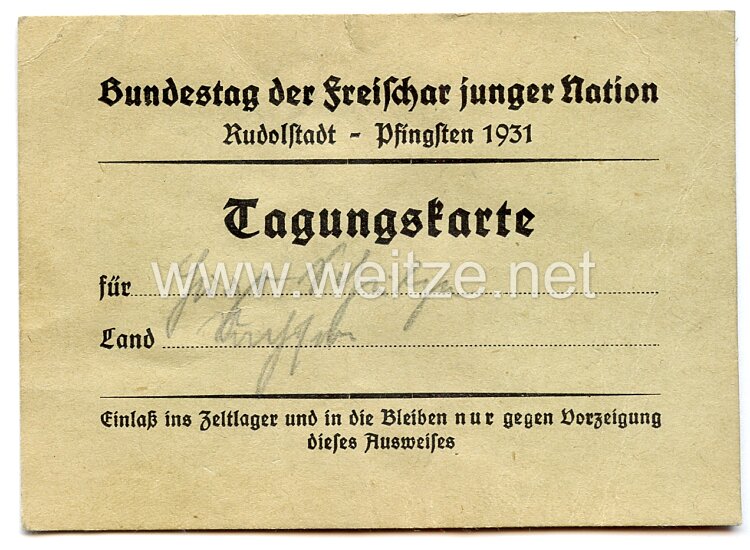Bundestag der Freischar junger Nation - Pfingsten 1931 Rudolstadt - Tagungskarte