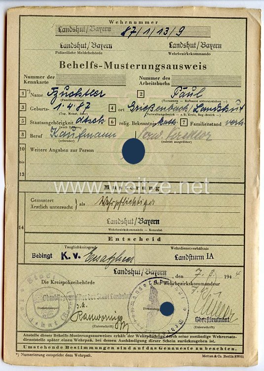 III. Reich - Behelfs-Musterungsausweis 