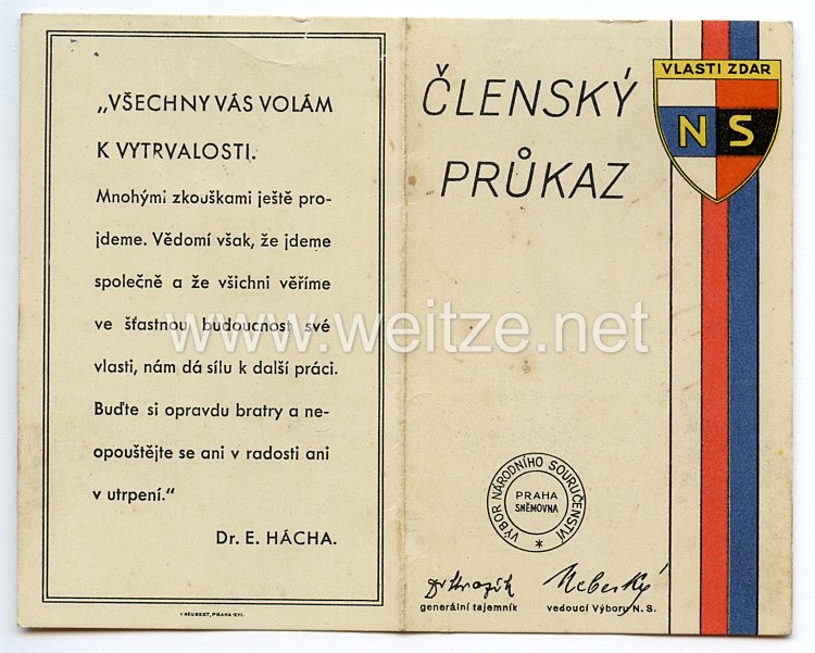 III. Reich - Tschecheslowakei - Narodni Sourucenstvi ( NS ) - Mitgliedsausweis für einen Mann des Jahrgangs 1884