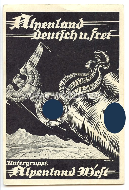 NSKK - Propaganda-Postkarte - " Alpenland deutsch u. frei - Untergruppe Alpenland West "