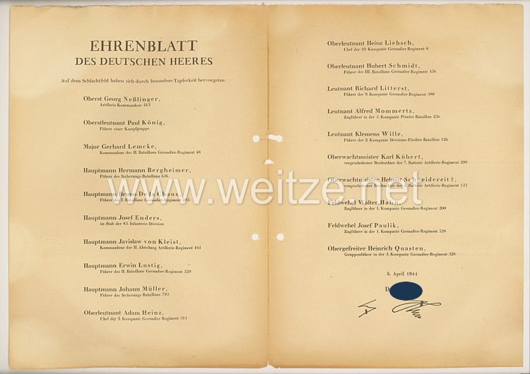 Ehrenblatt des deutschen Heeres - Ausgabe vom 5. April 1944