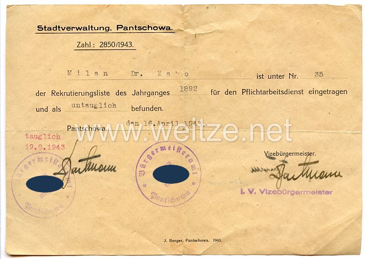 III. Reich - Stadtverwaltung Pantschowa/Serbien - Bescheinigung über den Eintrag in die Rekrutierungsliste für den Pflichtarbeitsdienst