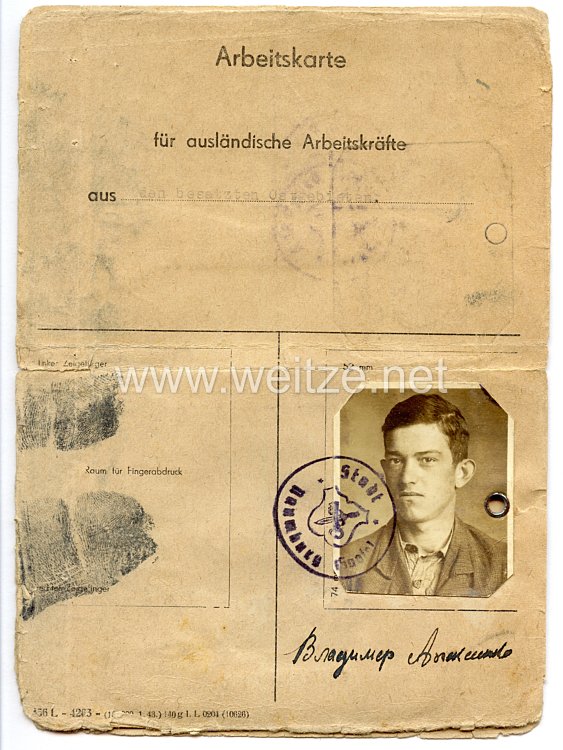 III. Reich - Arbeitskarte für ausländische Arbeitskräfte aus den besetzten Ostgebieten