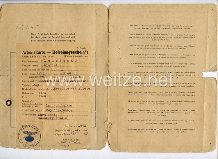 III. Reich - Arbeitskarte für ausländische Arbeitskräfte aus den besetzten Ostgebieten Bild 2