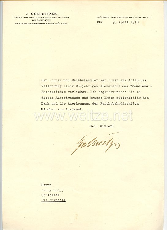 III. Reich - Originalunterschrift von Albert Gollwitzer als Direktor der Deutschen Reichsbahn und Präsident der Reichsbahndirektion München