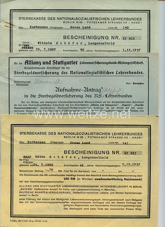 III. Reich - Sterbekasse des Nationalsozialistischen Lehrerbundes - 3 Belege